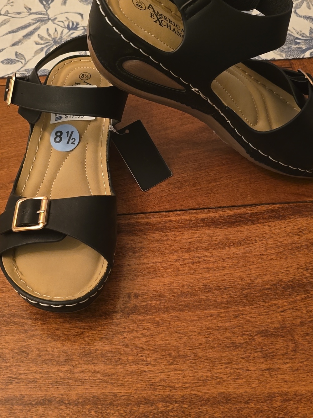 American Exchange Black Sandals with Gold Buckles